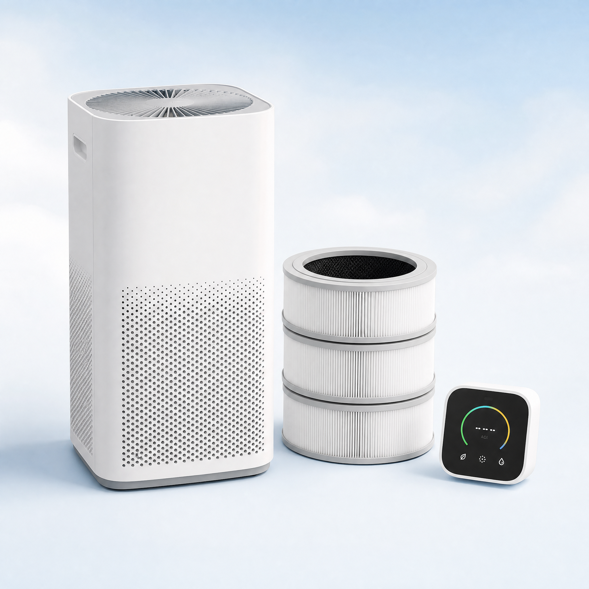 Allergy Season Bundle — Room Pro purifier, HEPA 3-pack and a monitor for pollen and dust seasons.