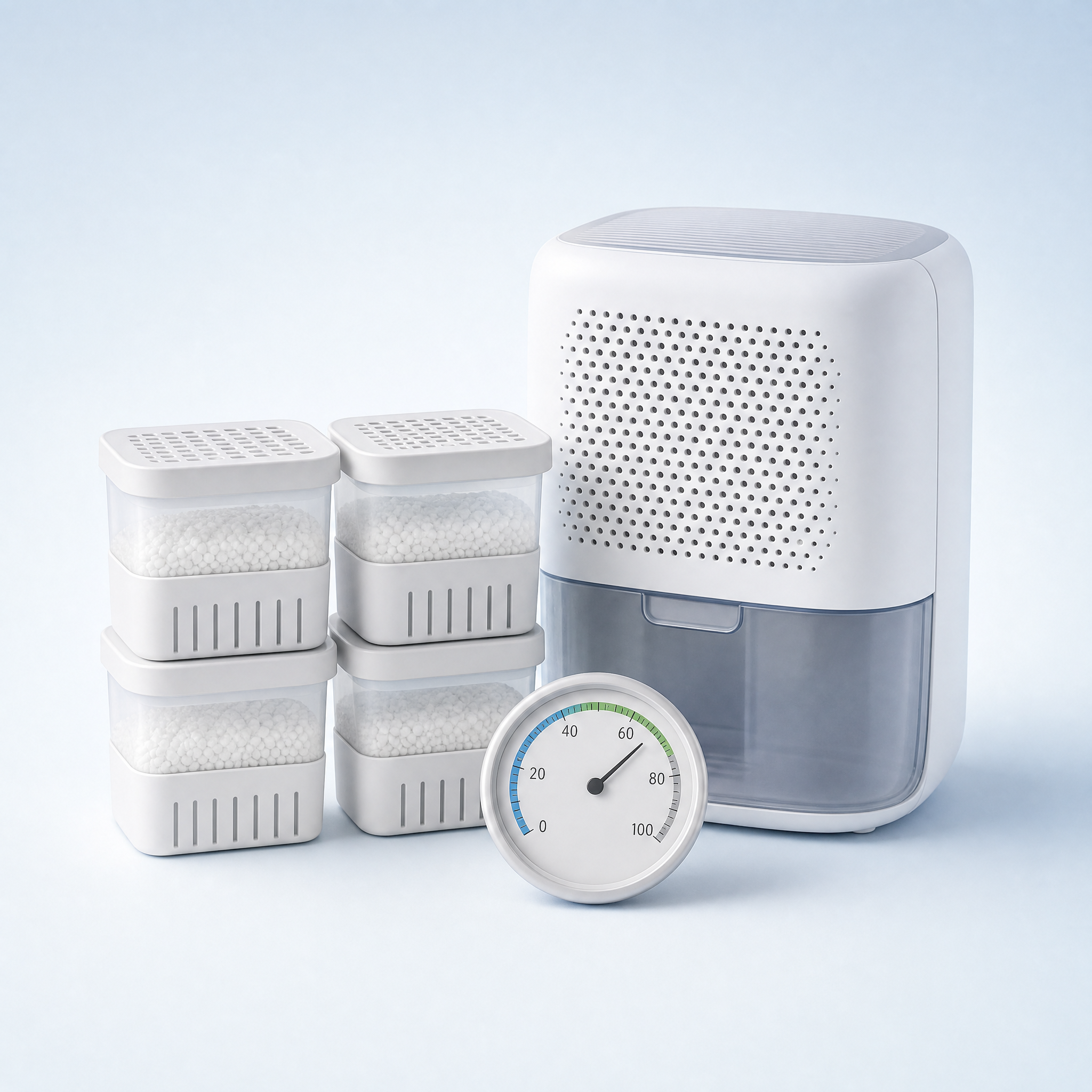 Damp & Mould Defence Kit — Dehumidifier, moisture boxes and a hygrometer for damp, musty rooms.