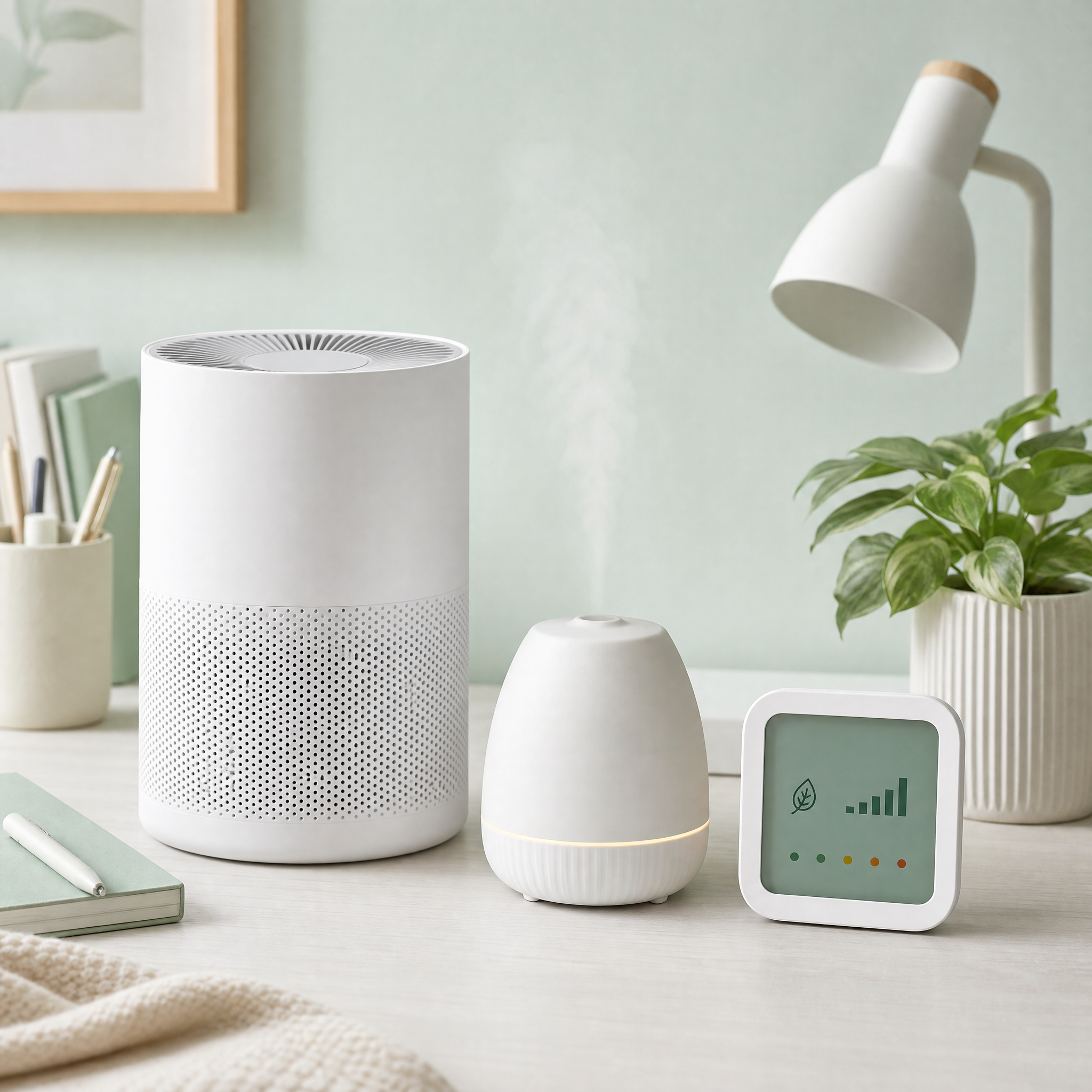 Home Office Focus Kit — Desk purifier, aroma diffuser and monitor for a fresh workspace.