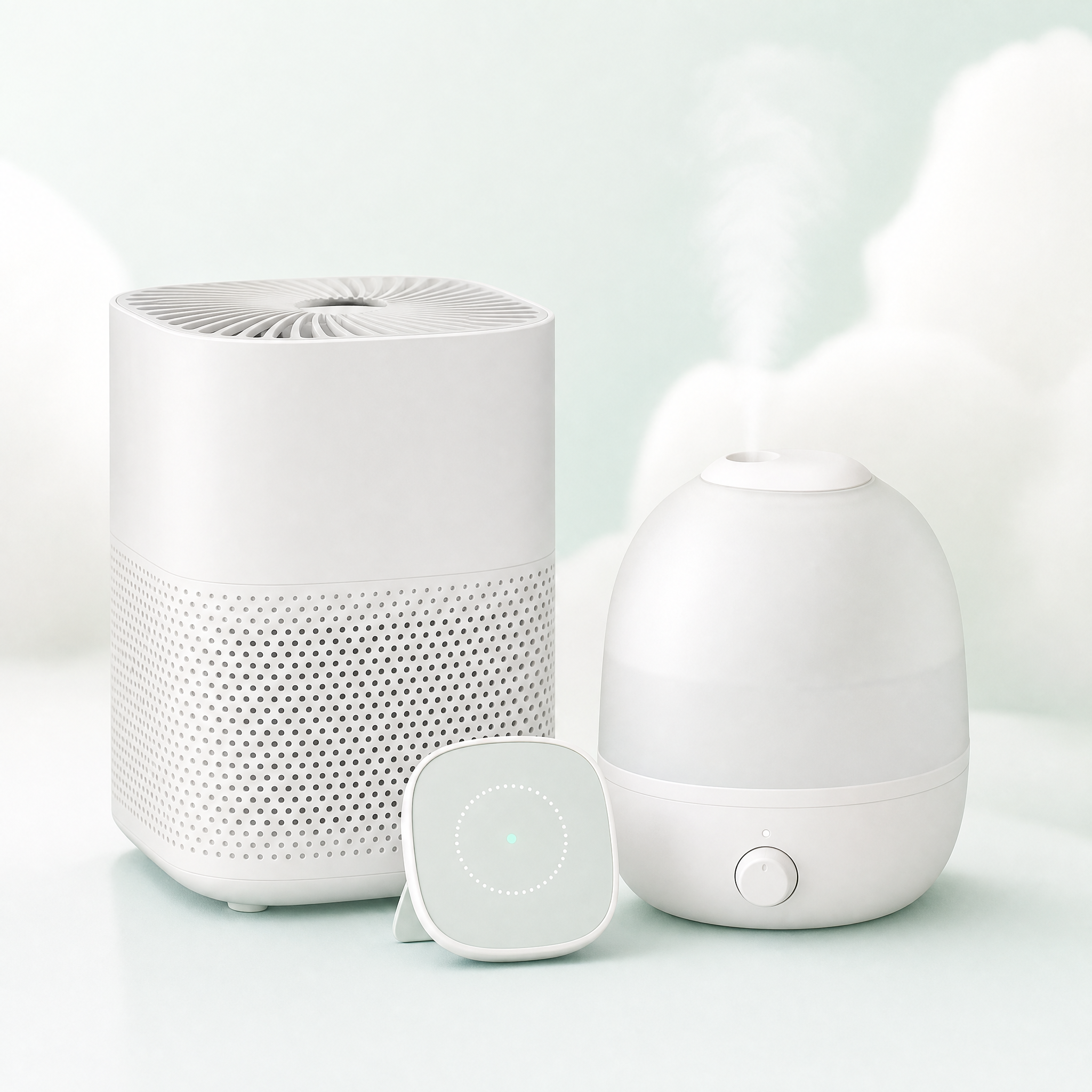 Nursery Air Care Set — Quiet mini purifier, humidifier and monitor for a calm nursery.