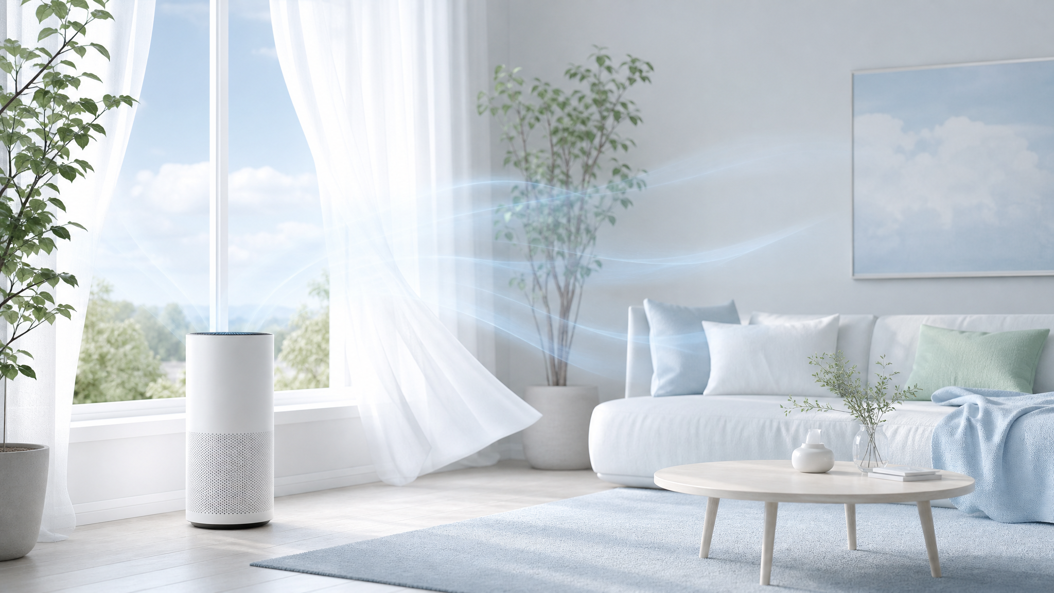 Bright living room with a slim white air purifier by the window and airflow drifting across the room