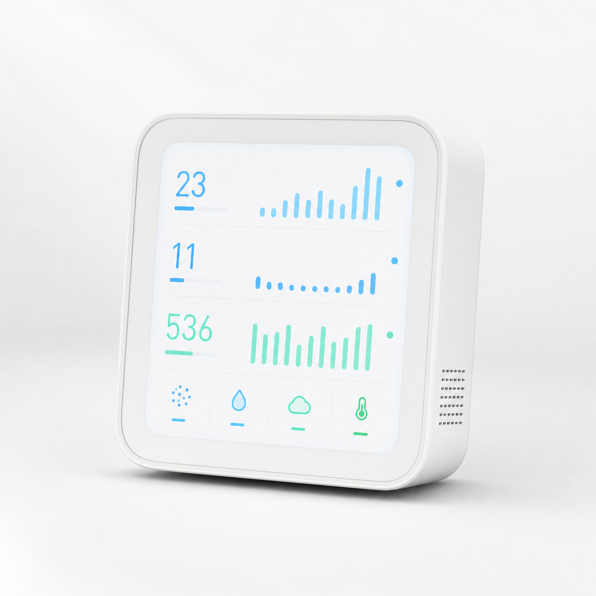 Air Quality Monitor — Desktop monitor showing PM2.5, CO₂, VOC, temperature and humidity.